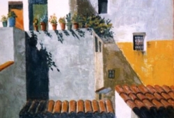 "Podwórka i dachy", olej na płótnie, pastisz na podstawie obrazu J.M. Parramóna